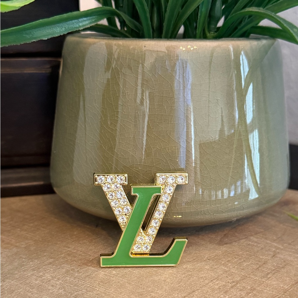 Gold Tone Rhinestone & Green Enamel Statement Brooch